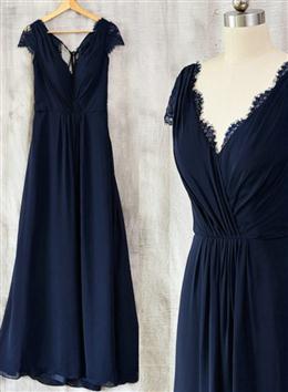 Picture of Navy Blue Chiffon with Lace A-line Long Bridesmaid Dresses, Wedding Party Dresses